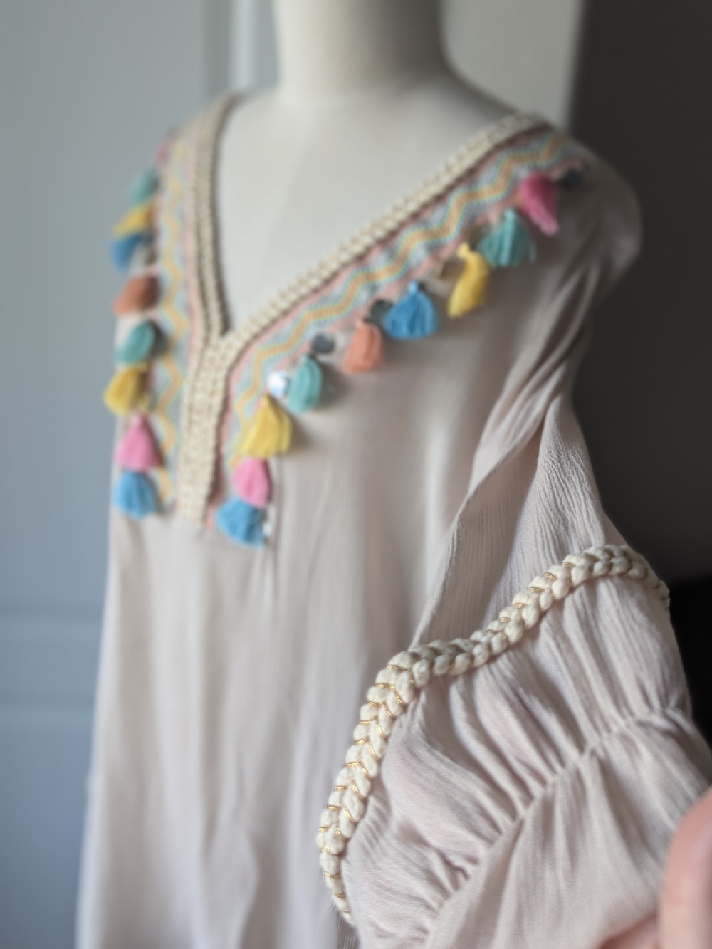 Boho Tassel V-Neck Women's Top in Cream